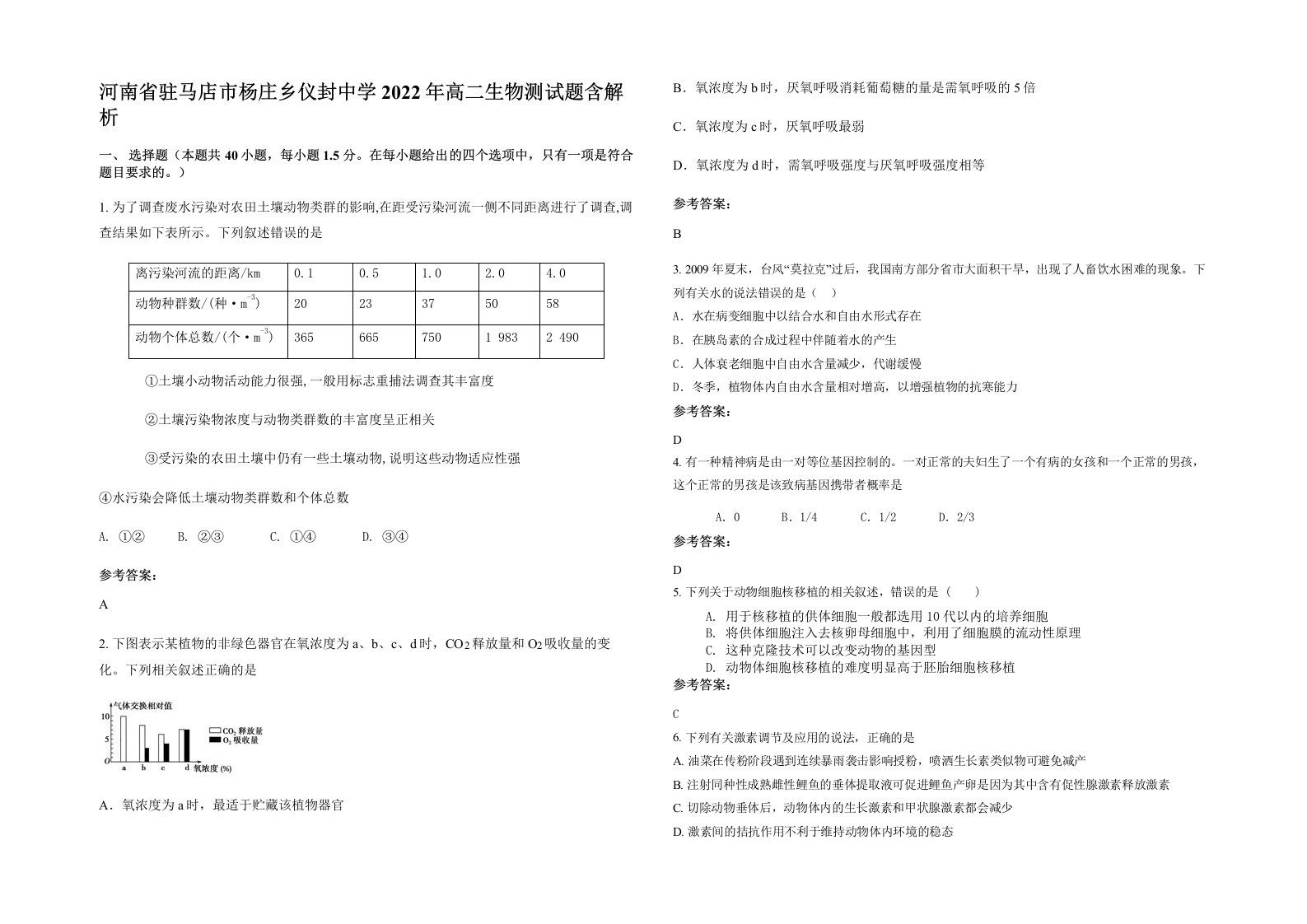 河南省驻马店市杨庄乡仪封中学2022年高二生物测试题含解析