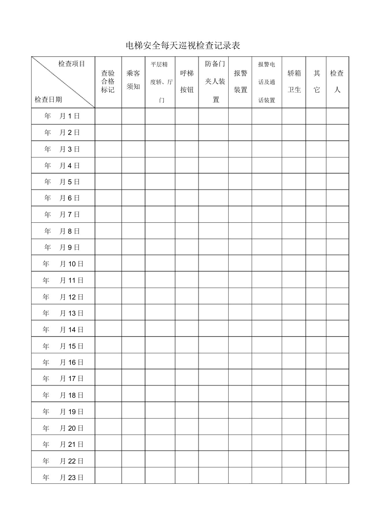 电梯安全日常检查记录表格