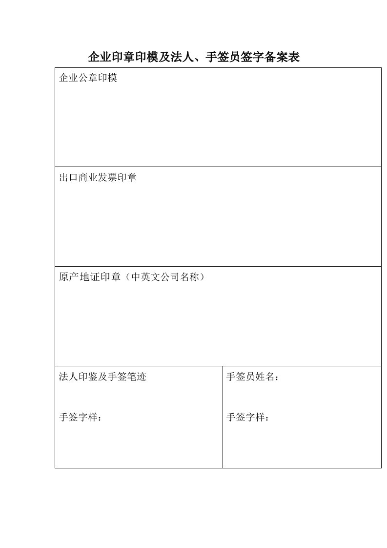 企业印章印模和法人、手签员签字备案表