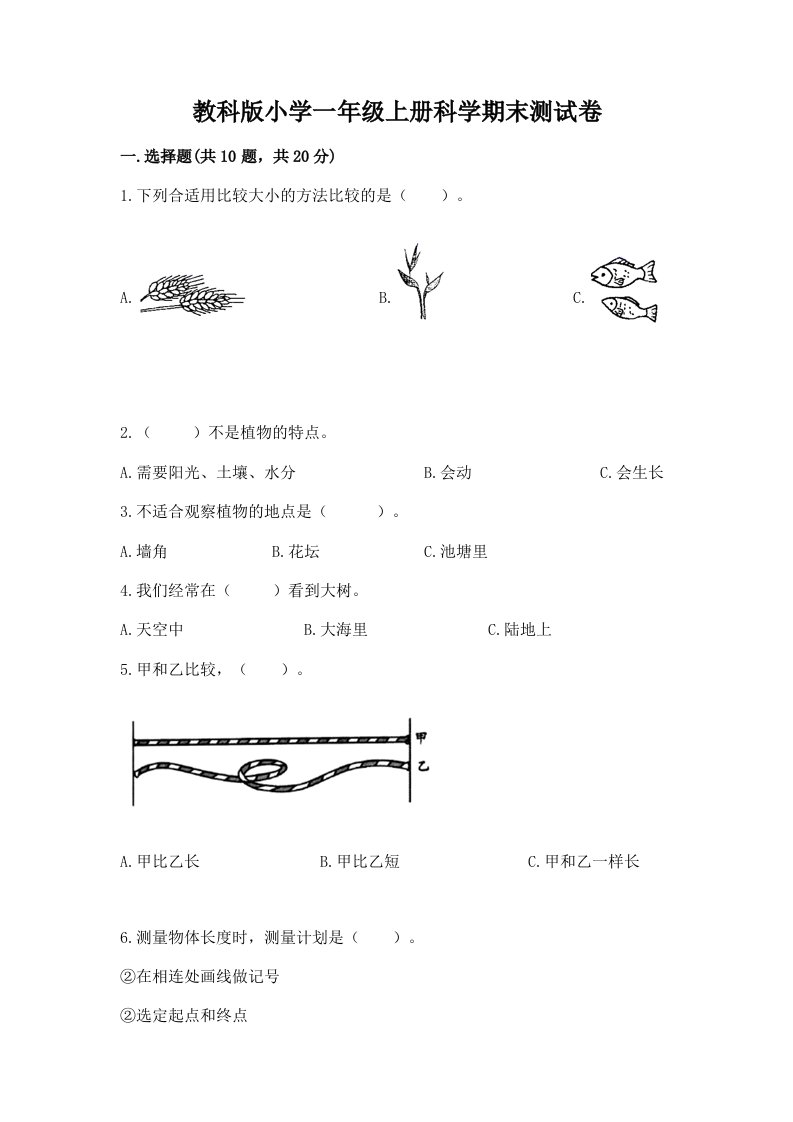 教科版小学一年级上册科学期末测试卷精编