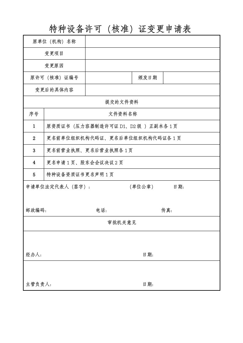 特种设备许可(核准)证变更申请表