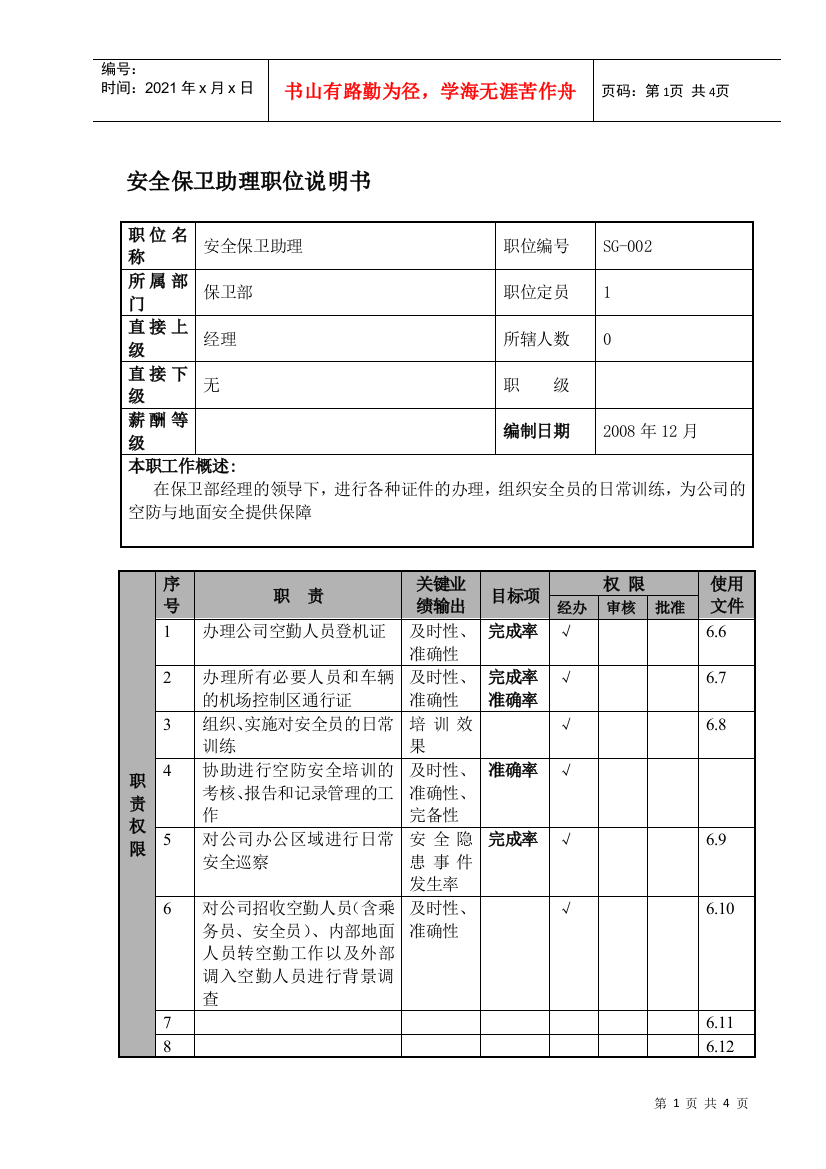 某航空物流公司安全保卫助理职位说明书及关键绩效标准