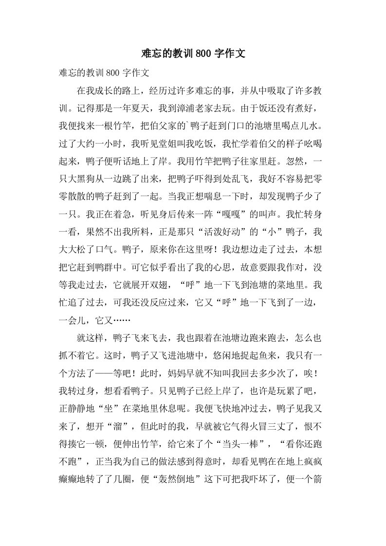 难忘的教训800字作文