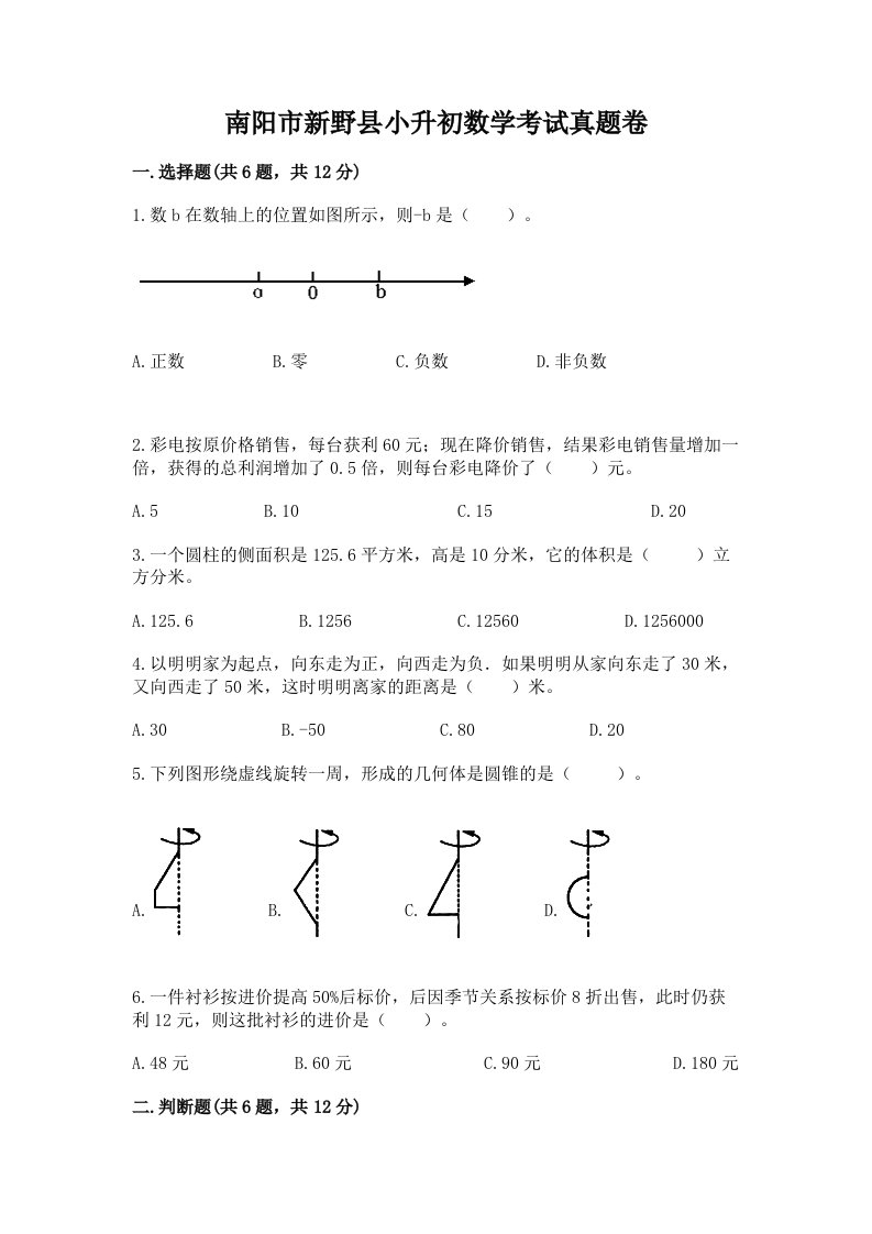 南阳市新野县小升初数学考试真题卷推荐