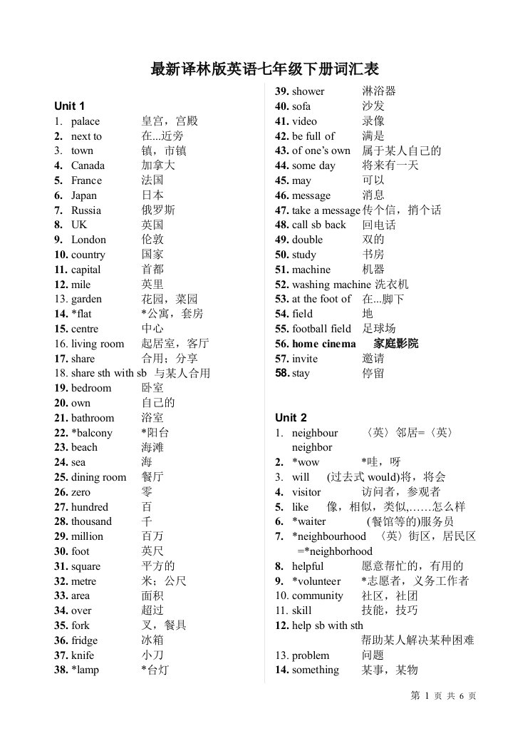 最新译林版英语七年级下册词汇表