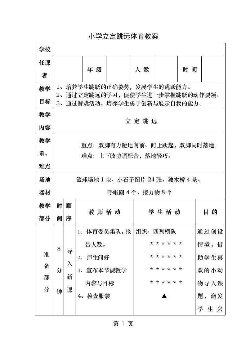 小学体育教案立定跳远教案