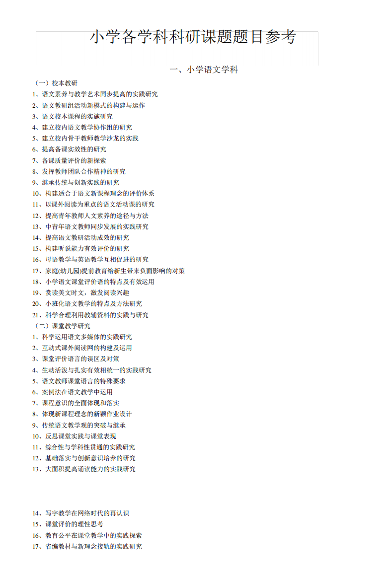 小学各学科科研课题题目参考