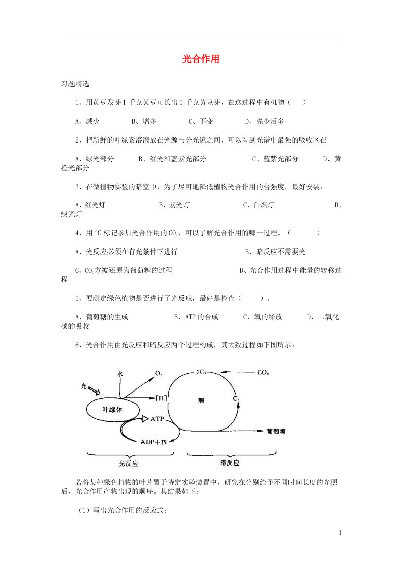 高中生物《光合作用》同步练习1