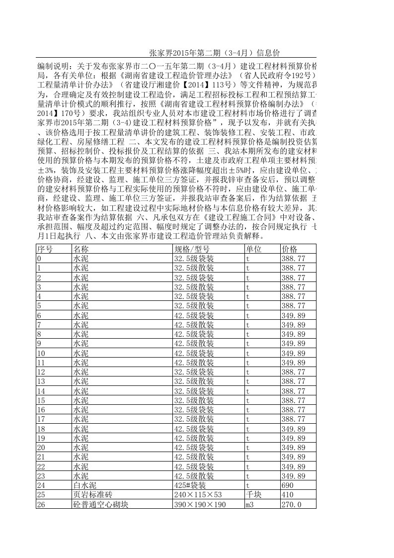 张家界2024年第二期34月建设工程材料信息价