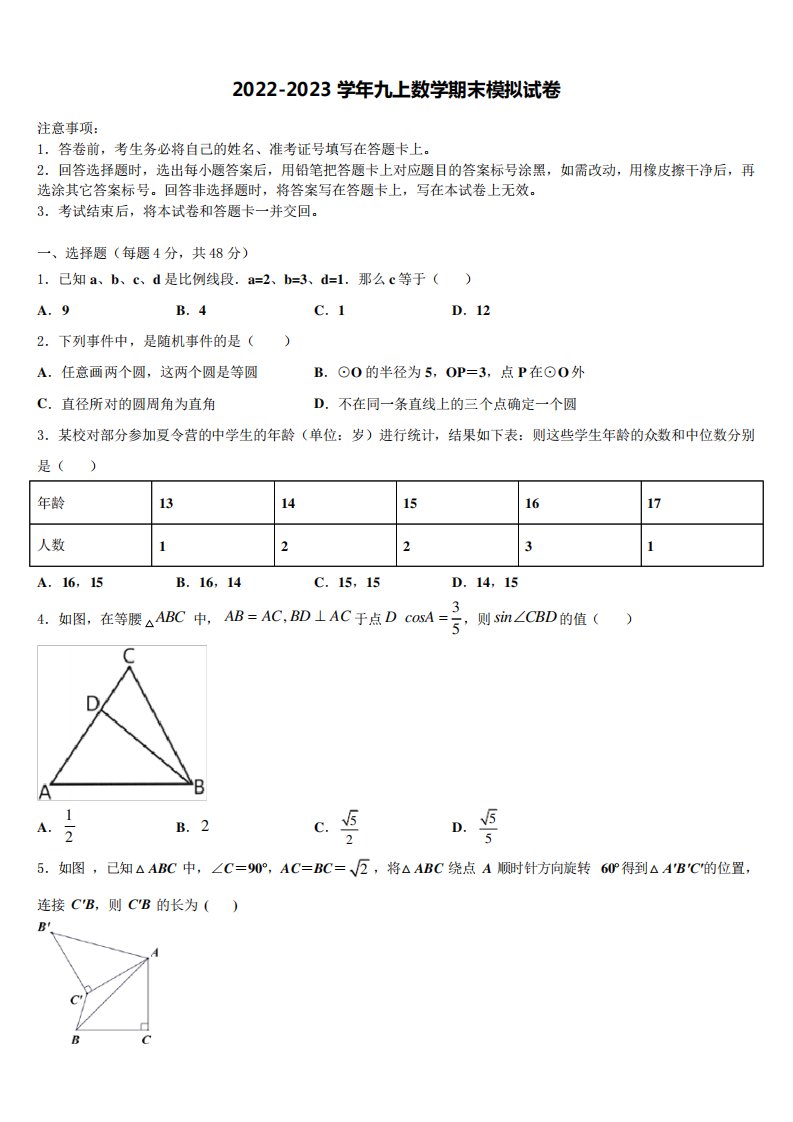 2023届重庆市梁平区数学九年级第一学期期末学业质量监测试题含解析