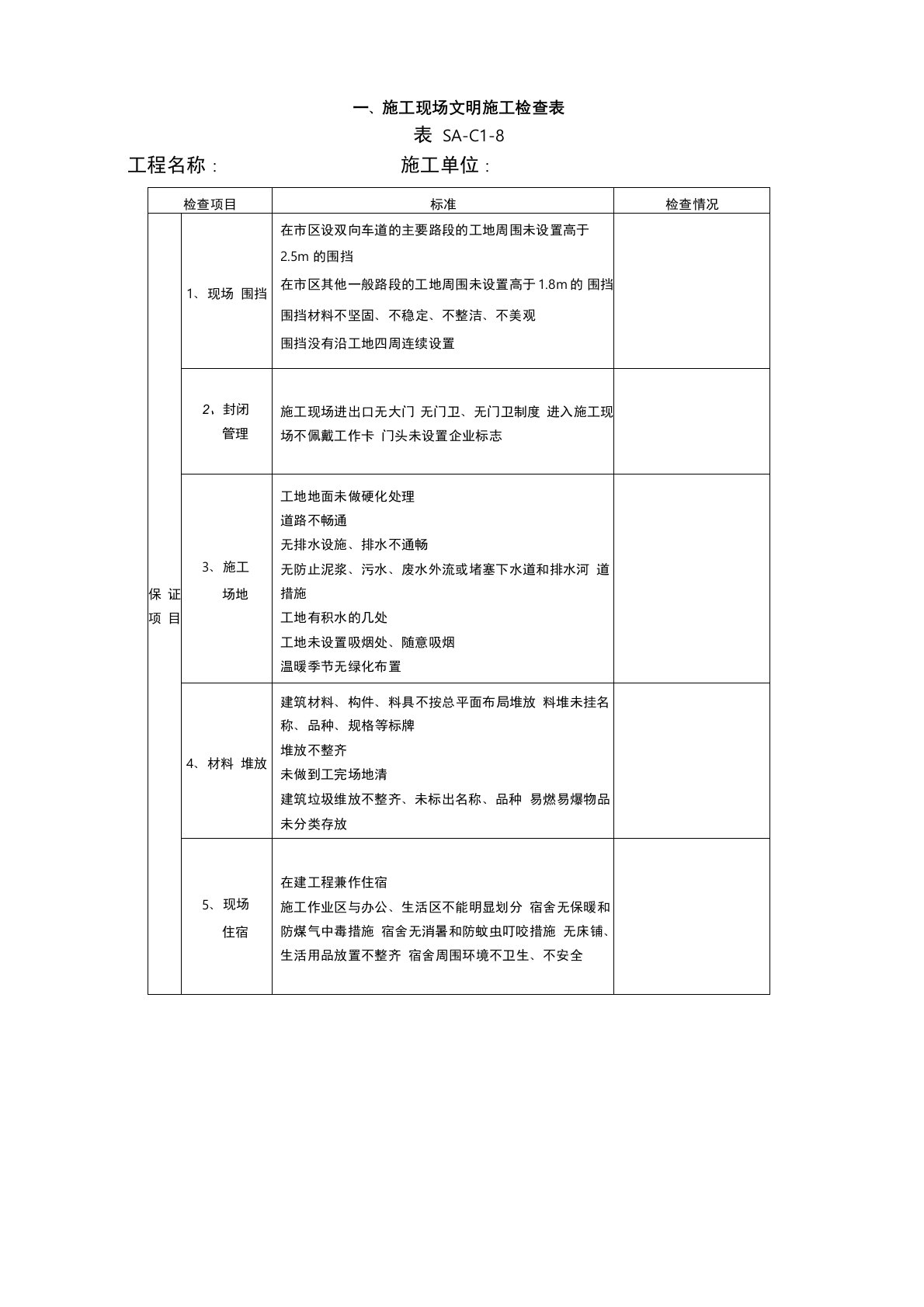 建筑施工现场文明施工检查表