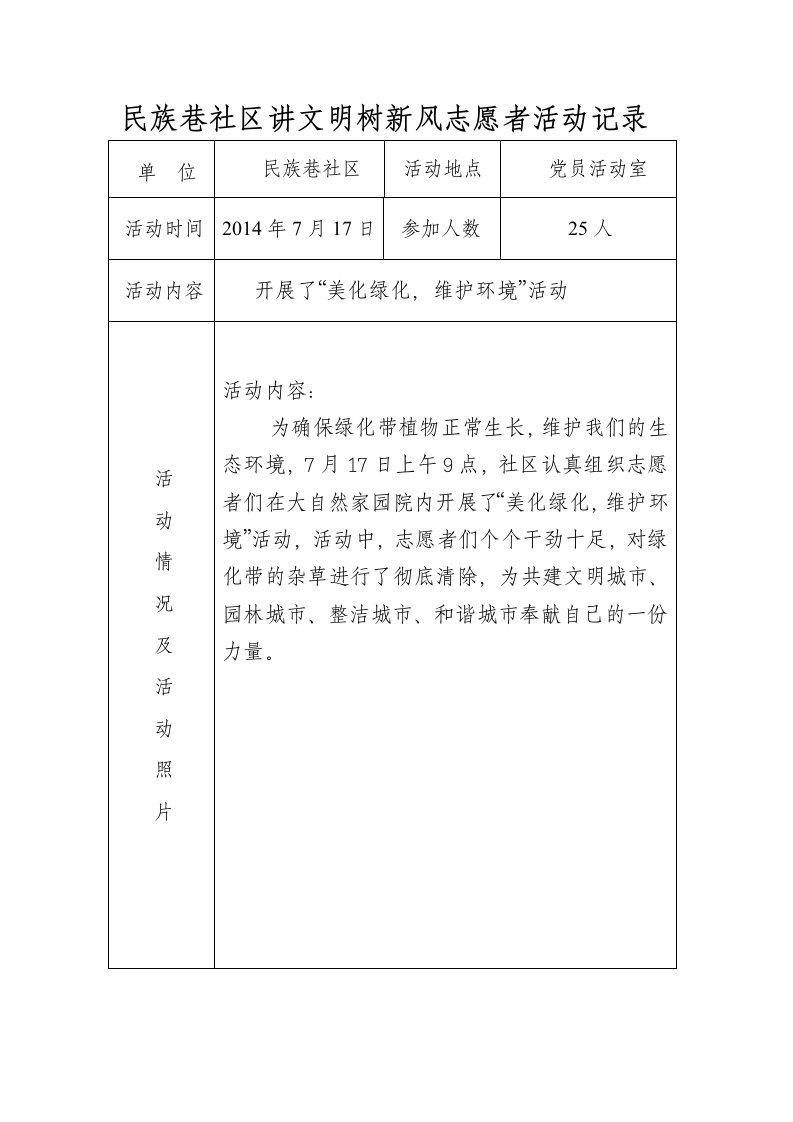 社区志愿者活动记录