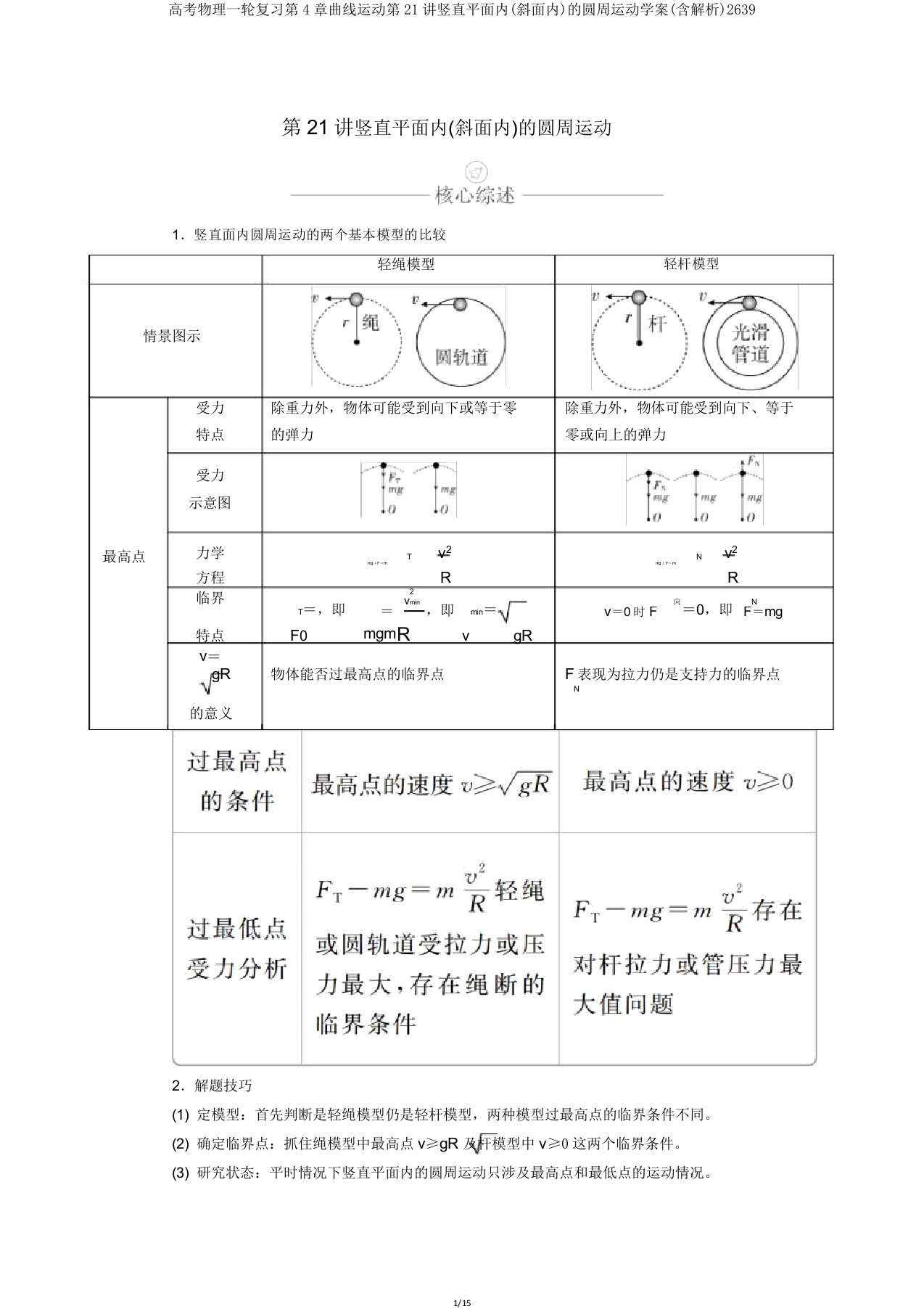 高考物理一轮复习第4章曲线运动第21讲竖直平面内(斜面内)的圆周运动学案(含解析)2639