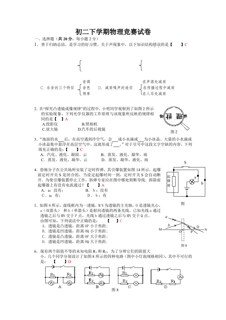 初二下学期物理竞赛试卷