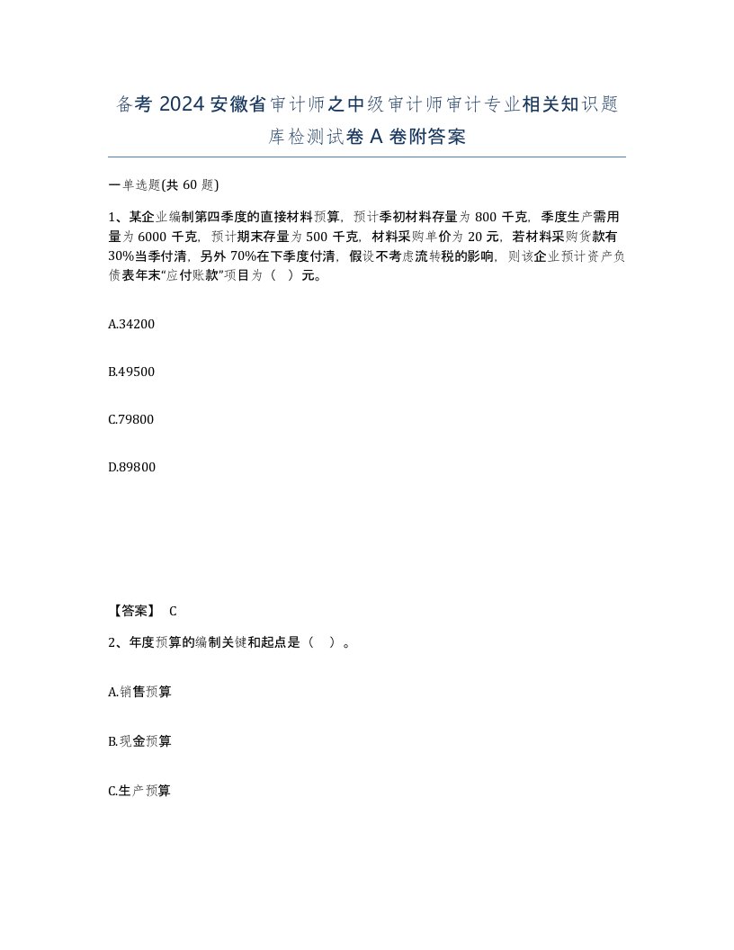 备考2024安徽省审计师之中级审计师审计专业相关知识题库检测试卷A卷附答案