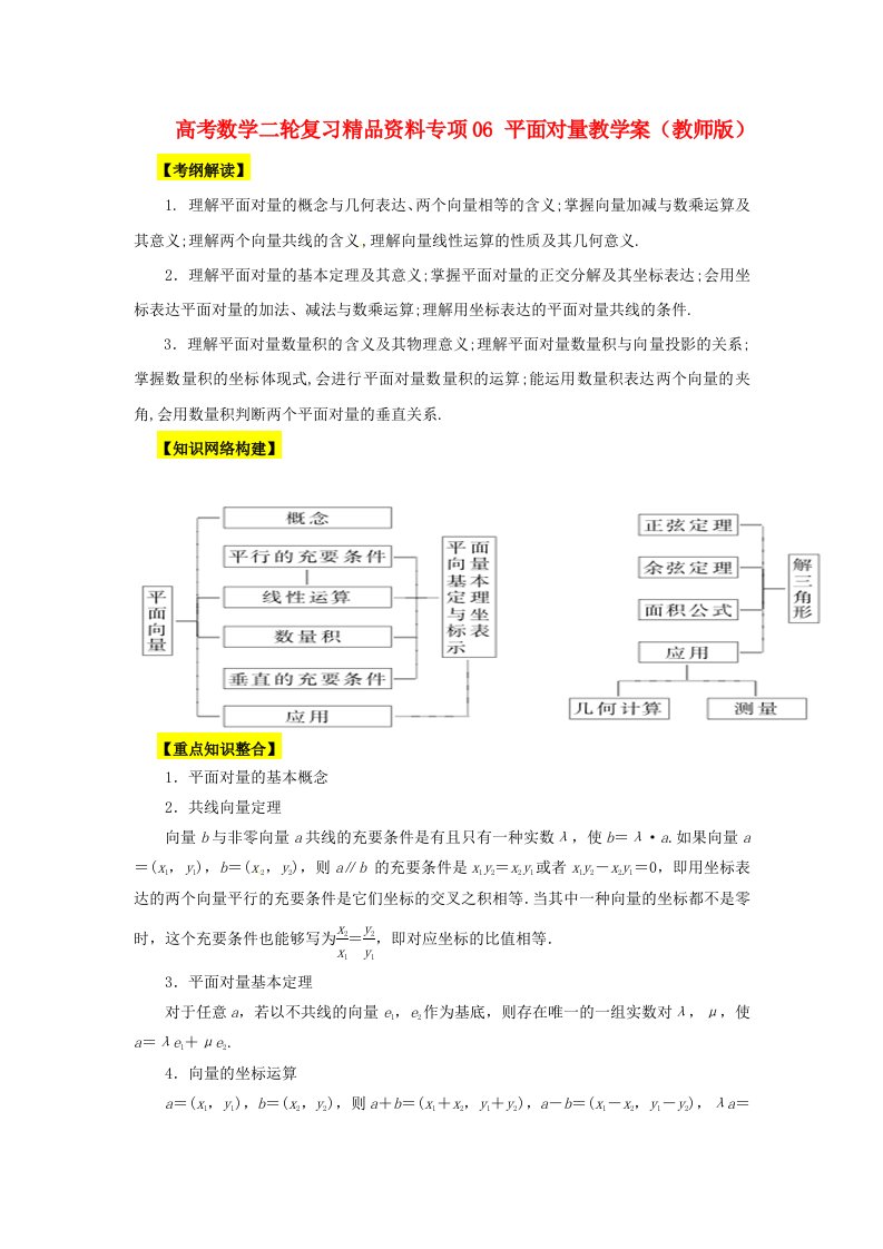 高考数学二轮复习精品资料专题平面向量教学案教师版