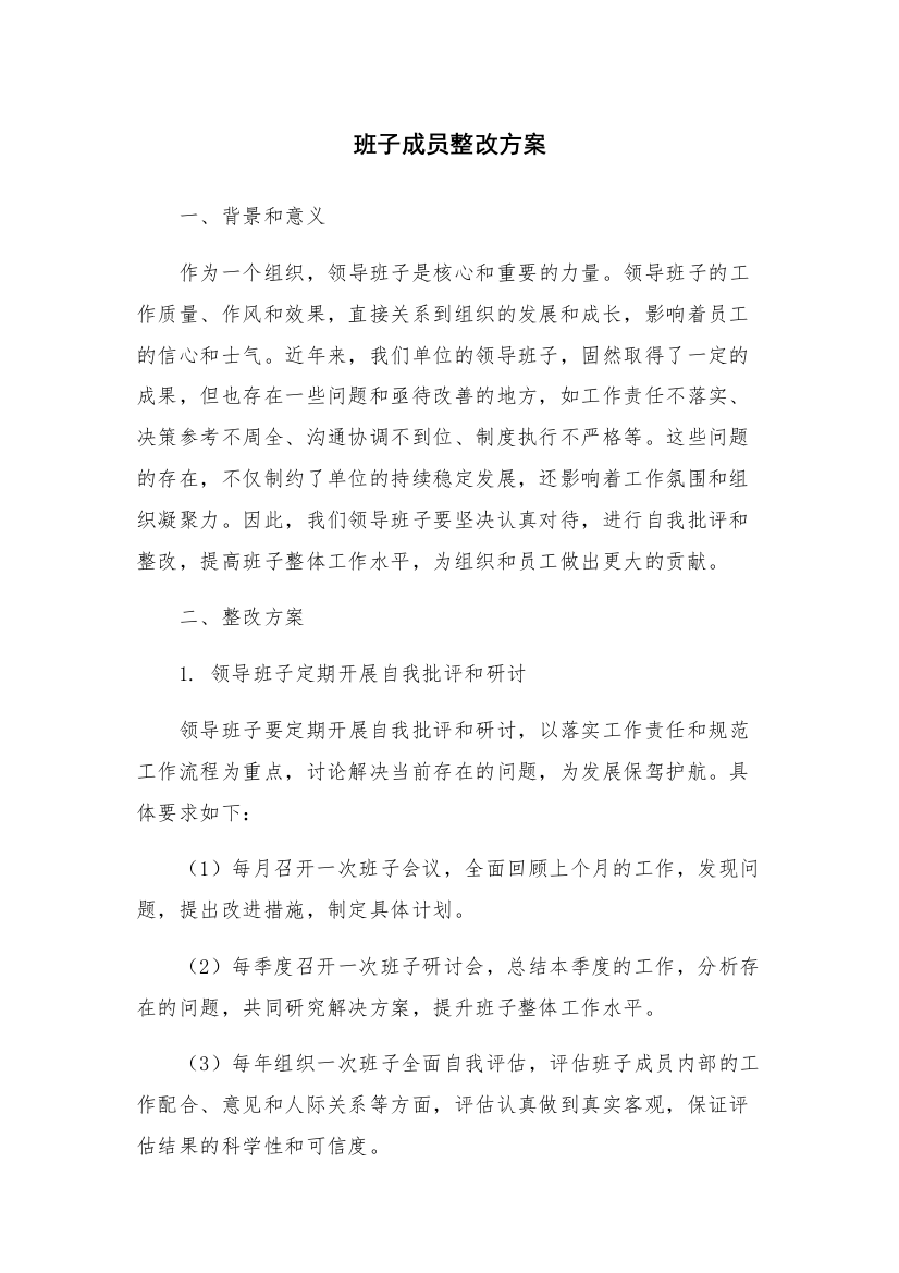 班子成员整改方案