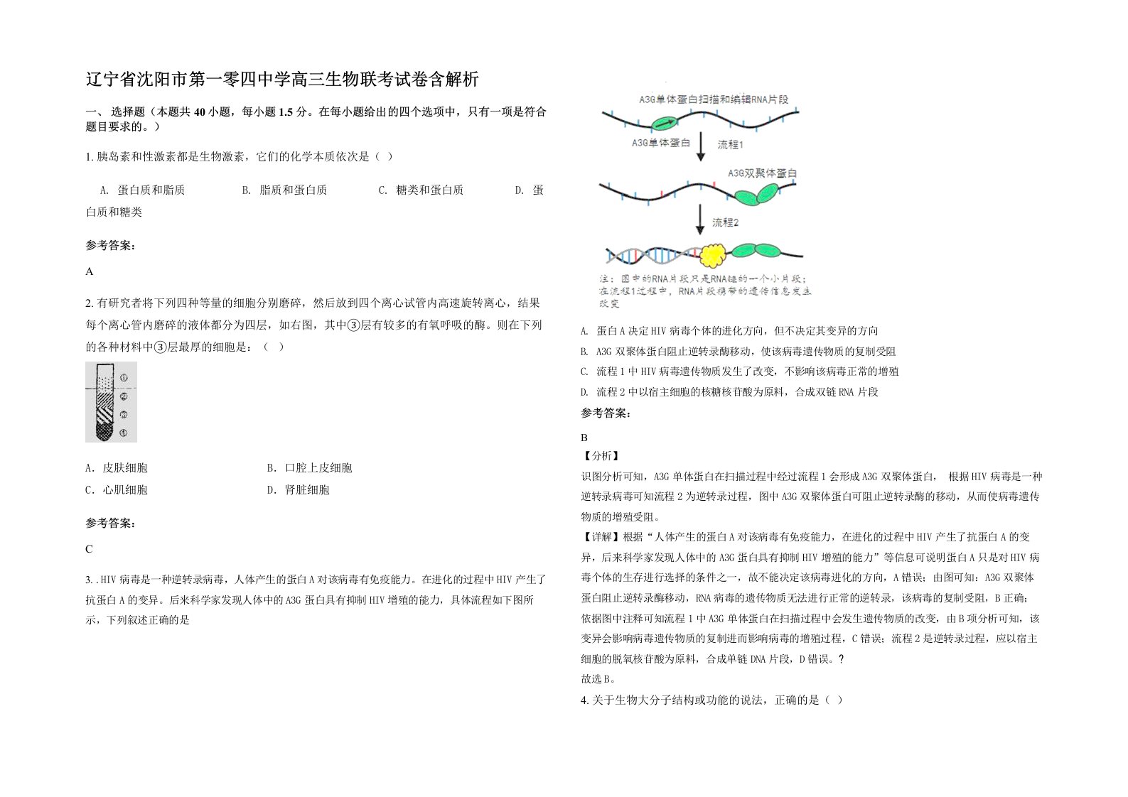 辽宁省沈阳市第一零四中学高三生物联考试卷含解析