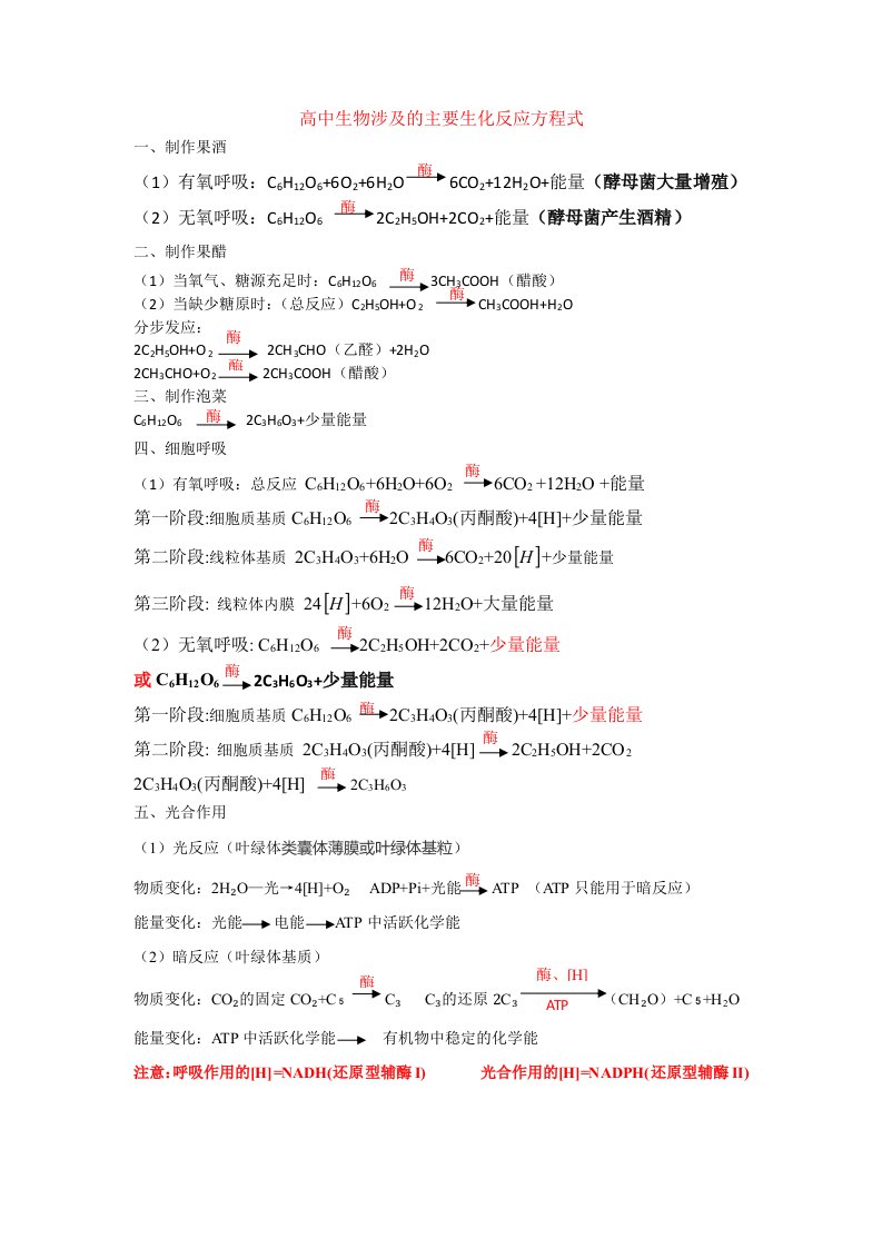 高中生物全部化学方程式