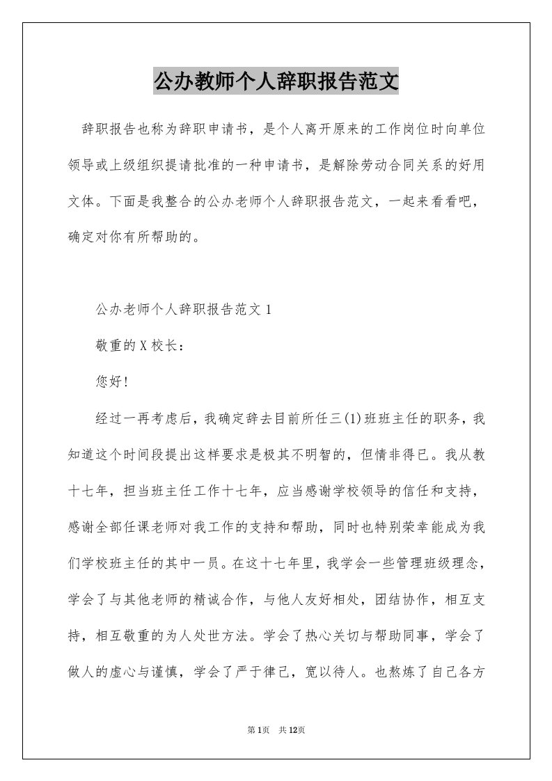 公办教师个人辞职报告范文