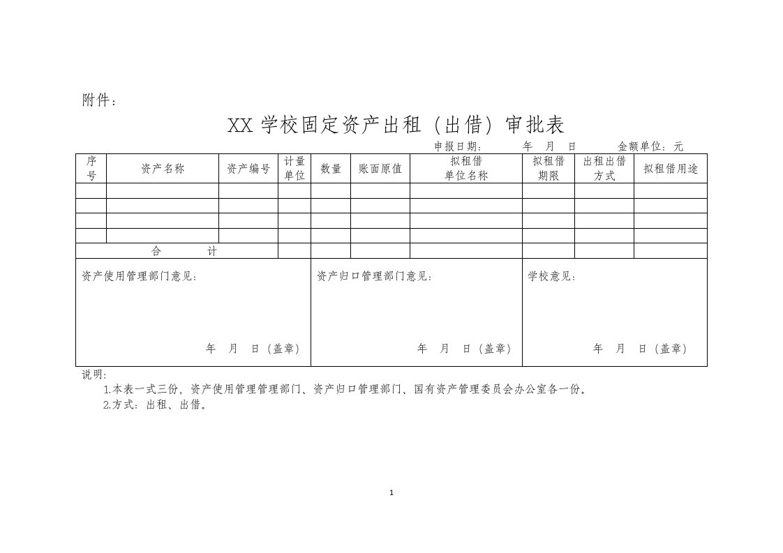 XX学校固定资产出租（出借）审批表