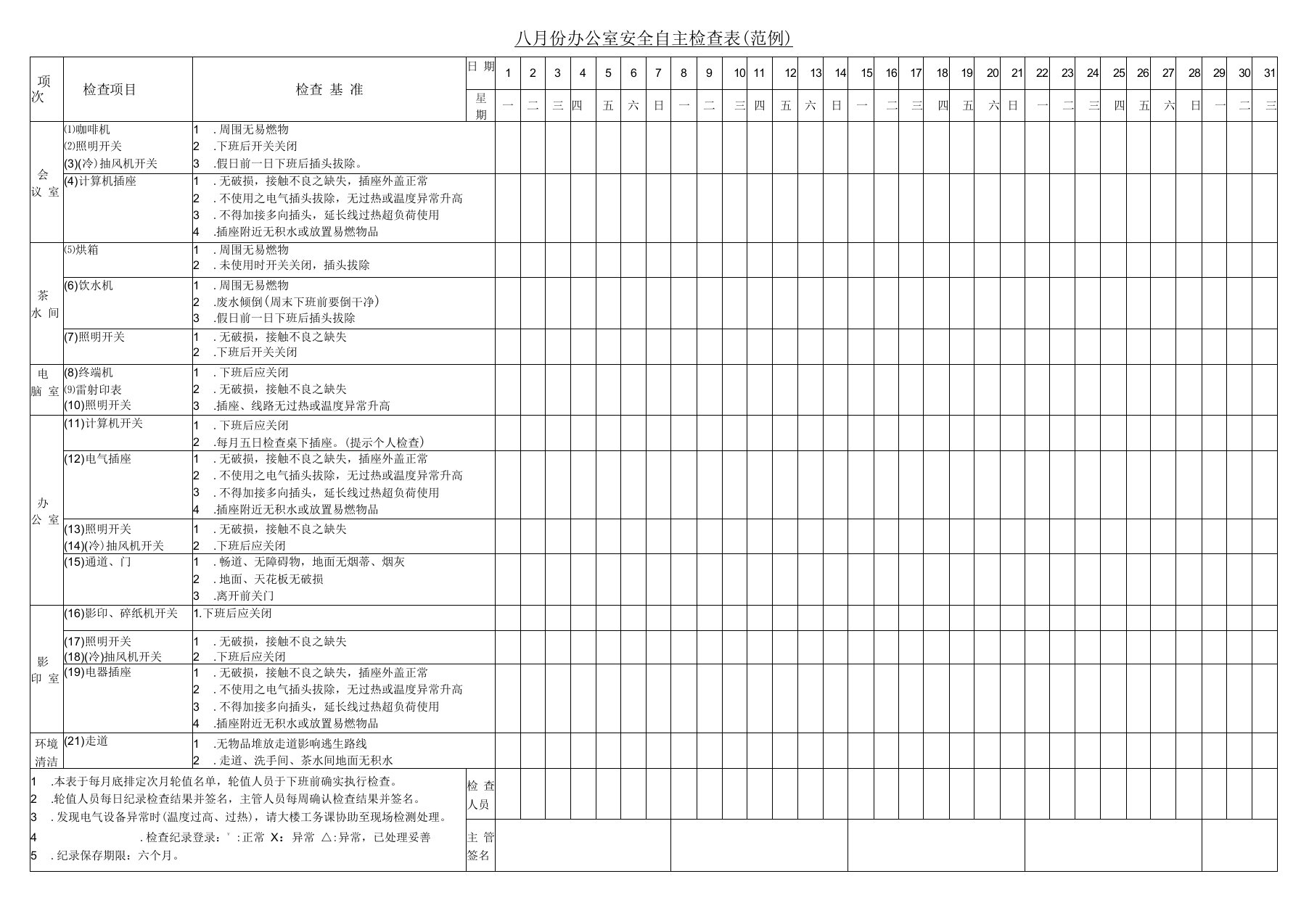 办公室安全检查表