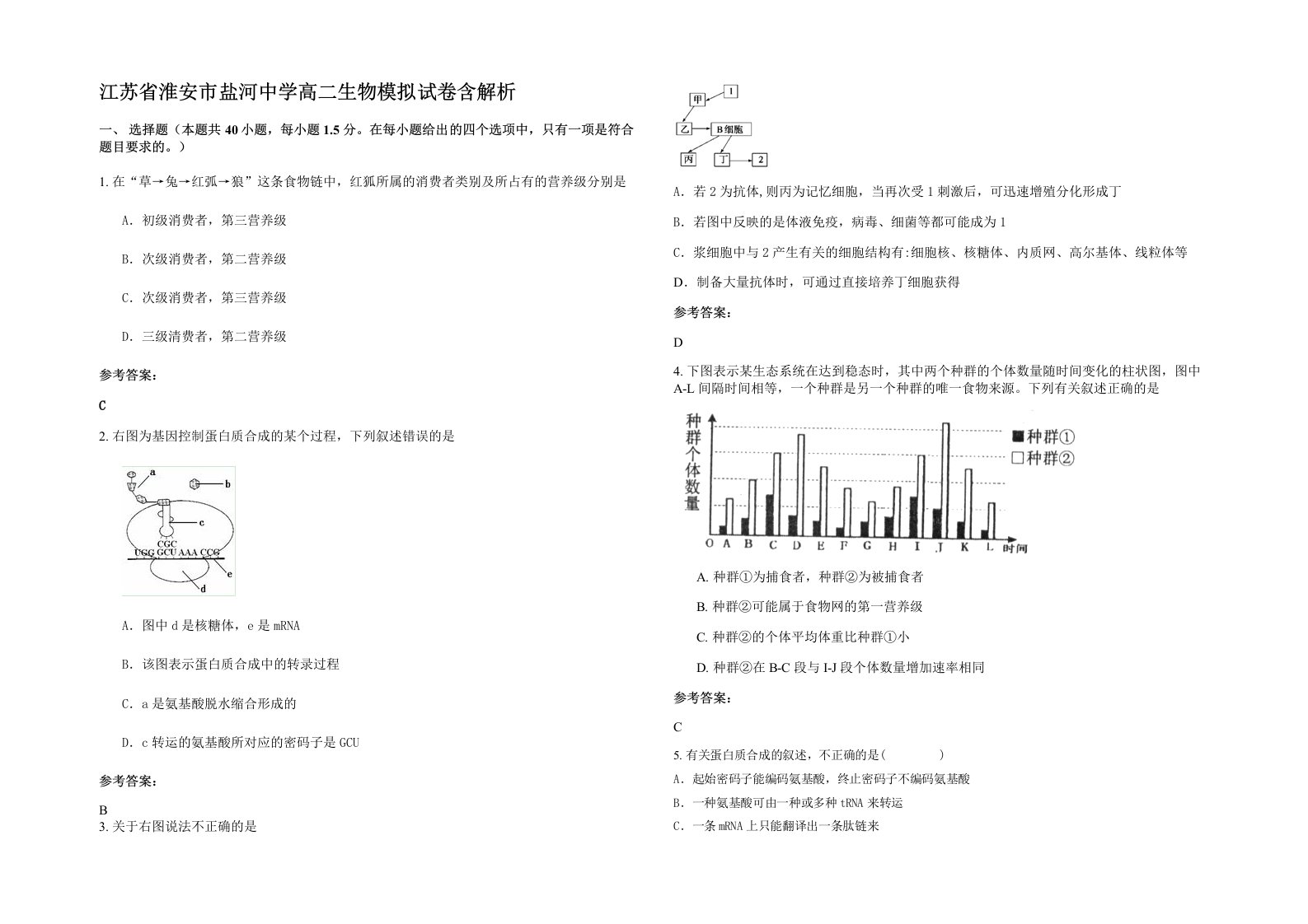 江苏省淮安市盐河中学高二生物模拟试卷含解析