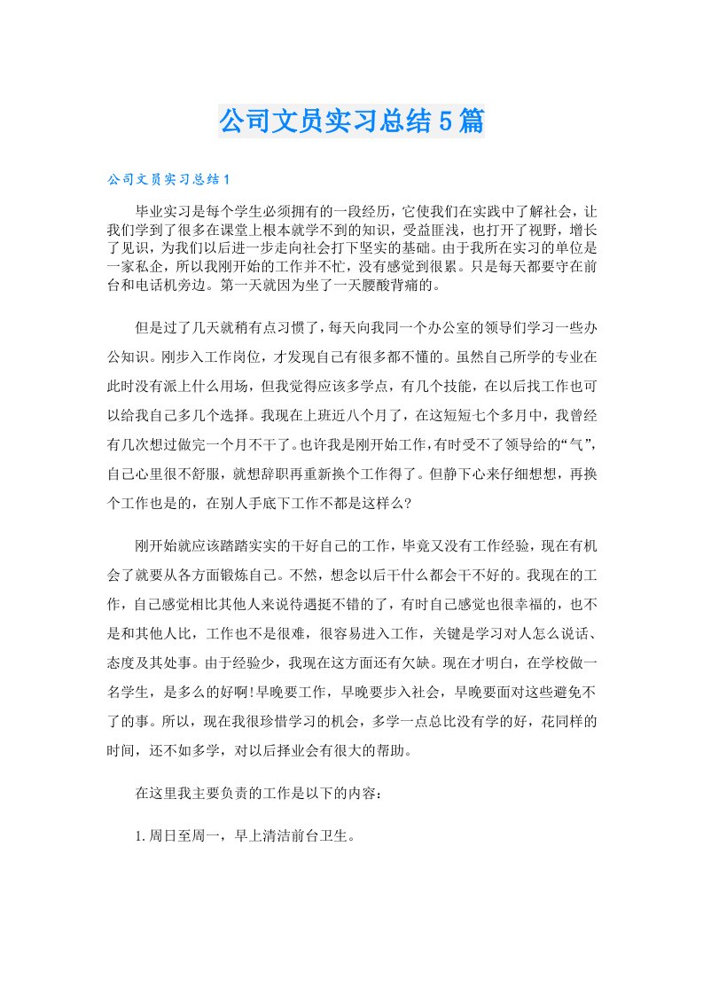 公司文员实习总结5篇