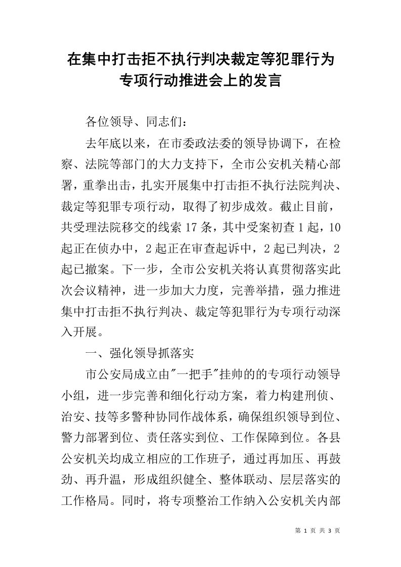 在集中打击拒不执行判决裁定等犯罪行为专项行动推进会上的发言