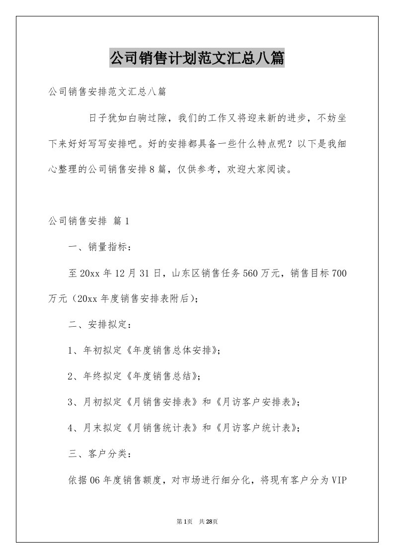 公司销售计划范文汇总八篇例文