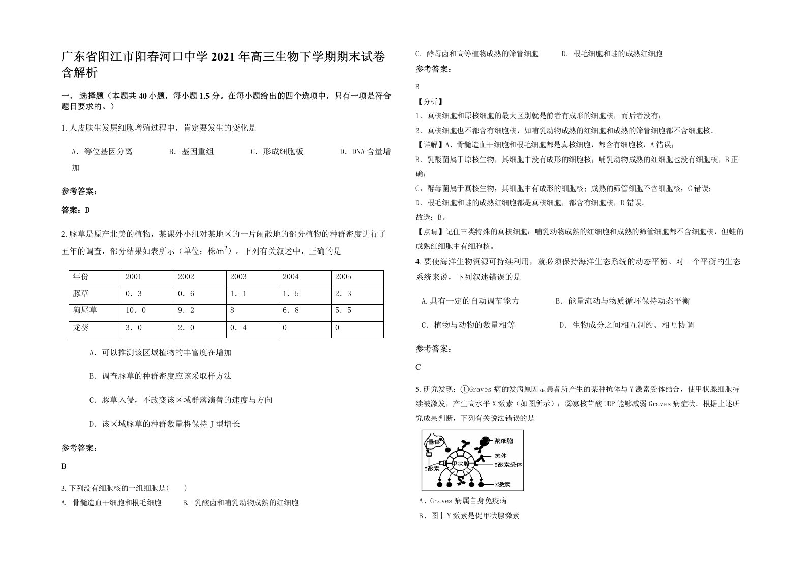 广东省阳江市阳春河口中学2021年高三生物下学期期末试卷含解析