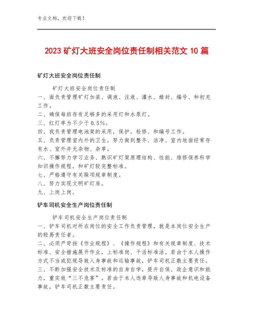 2023矿灯大班安全岗位责任制范文10篇