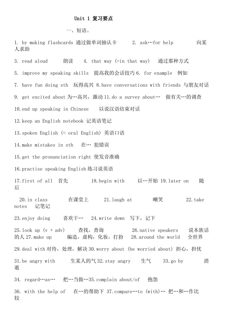 初三英语1至5单元重点知识总结