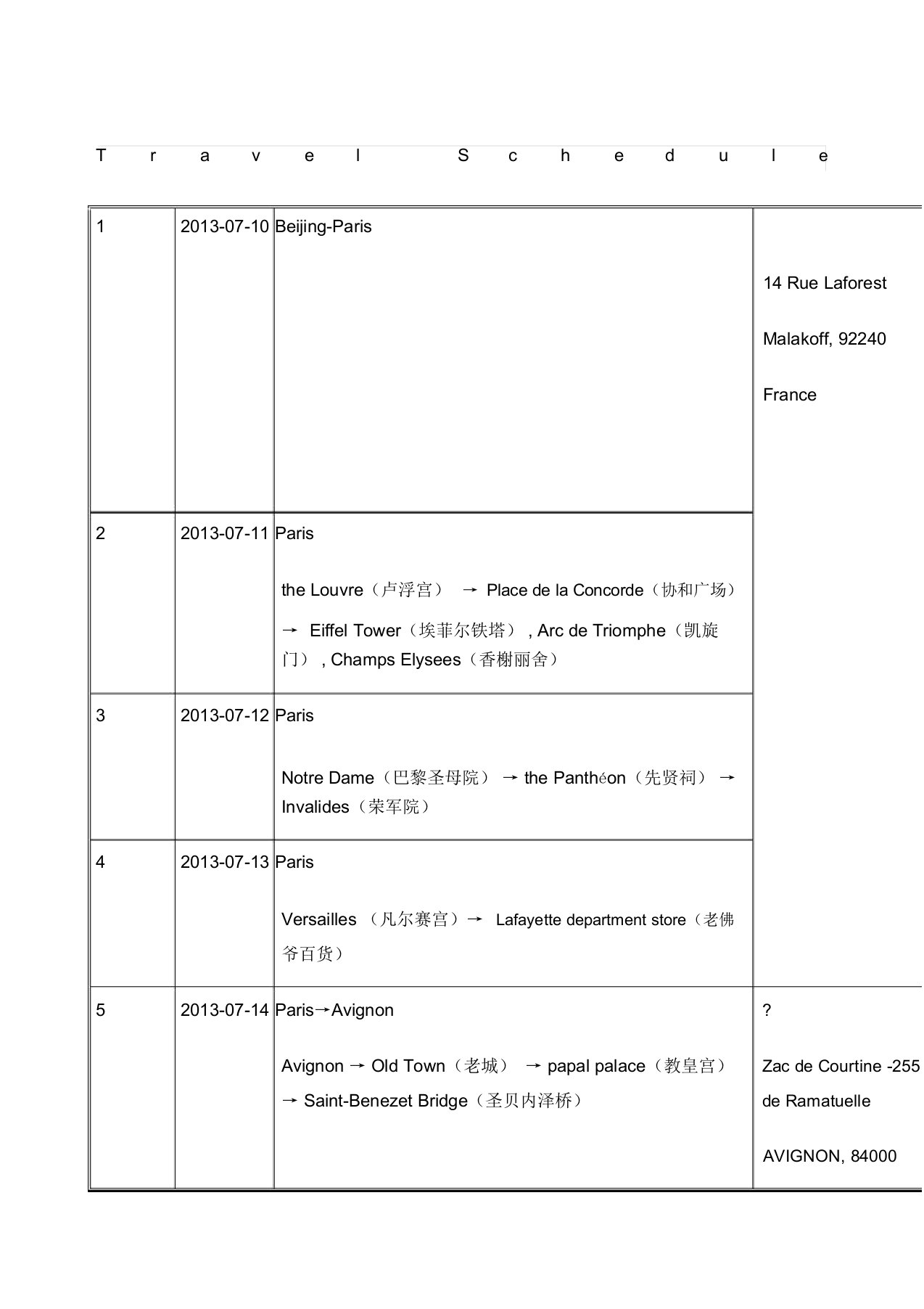 欧洲旅行行程单详细版