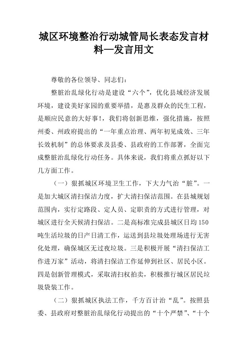 城区环境整治行动城管局长表态发言材料—发言用文