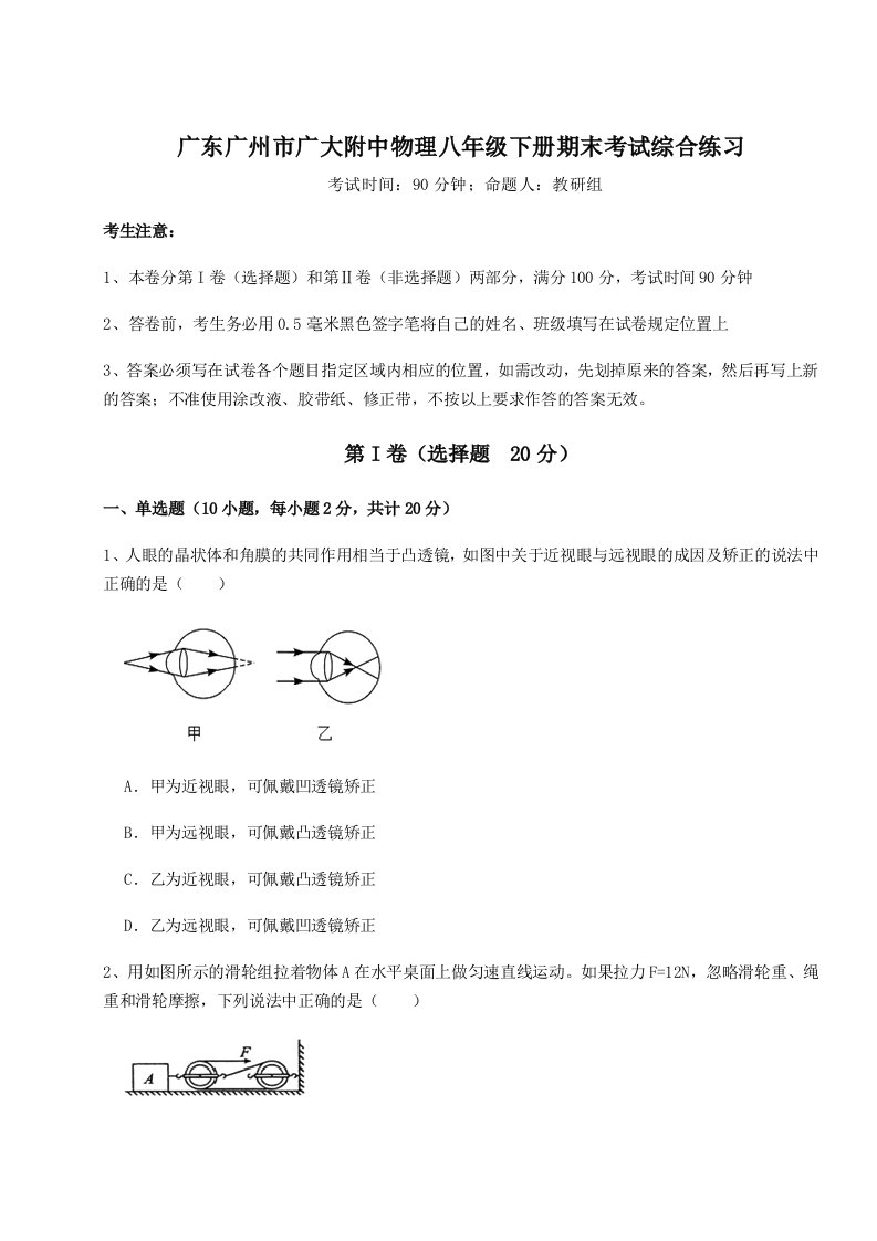 广东广州市广大附中物理八年级下册期末考试综合练习试卷（附答案详解）