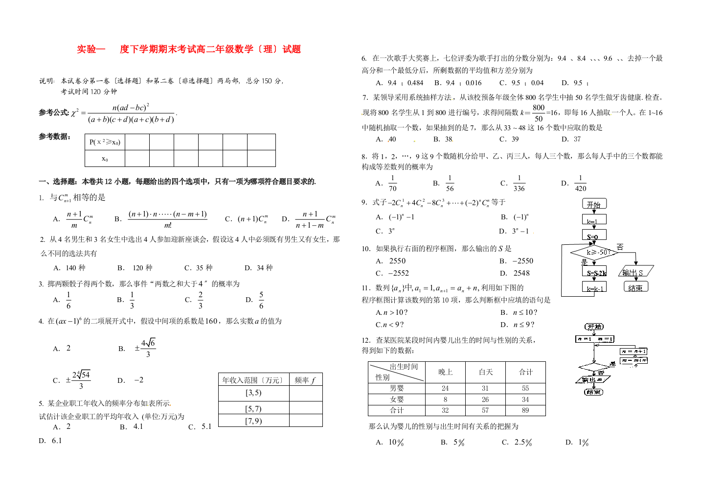 （整理版）实验下学期期末考试高二年级数学（理）试