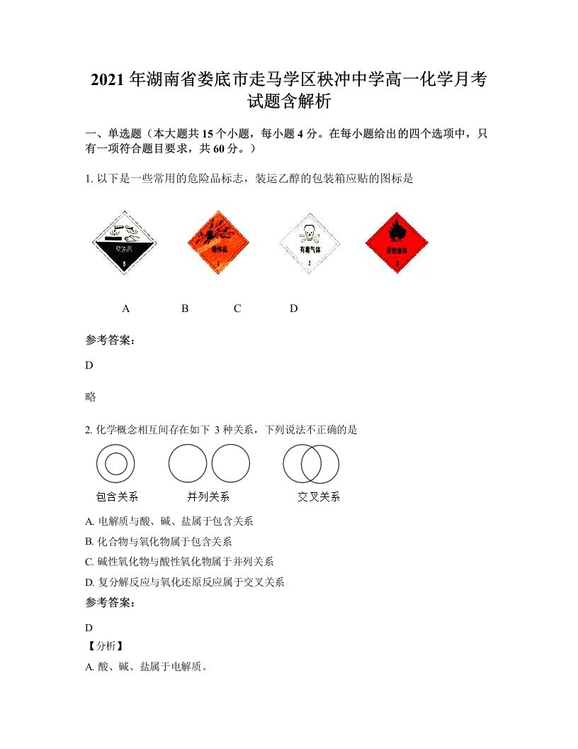 2021年湖南省娄底市走马学区秧冲中学高一化学月考试题含解析