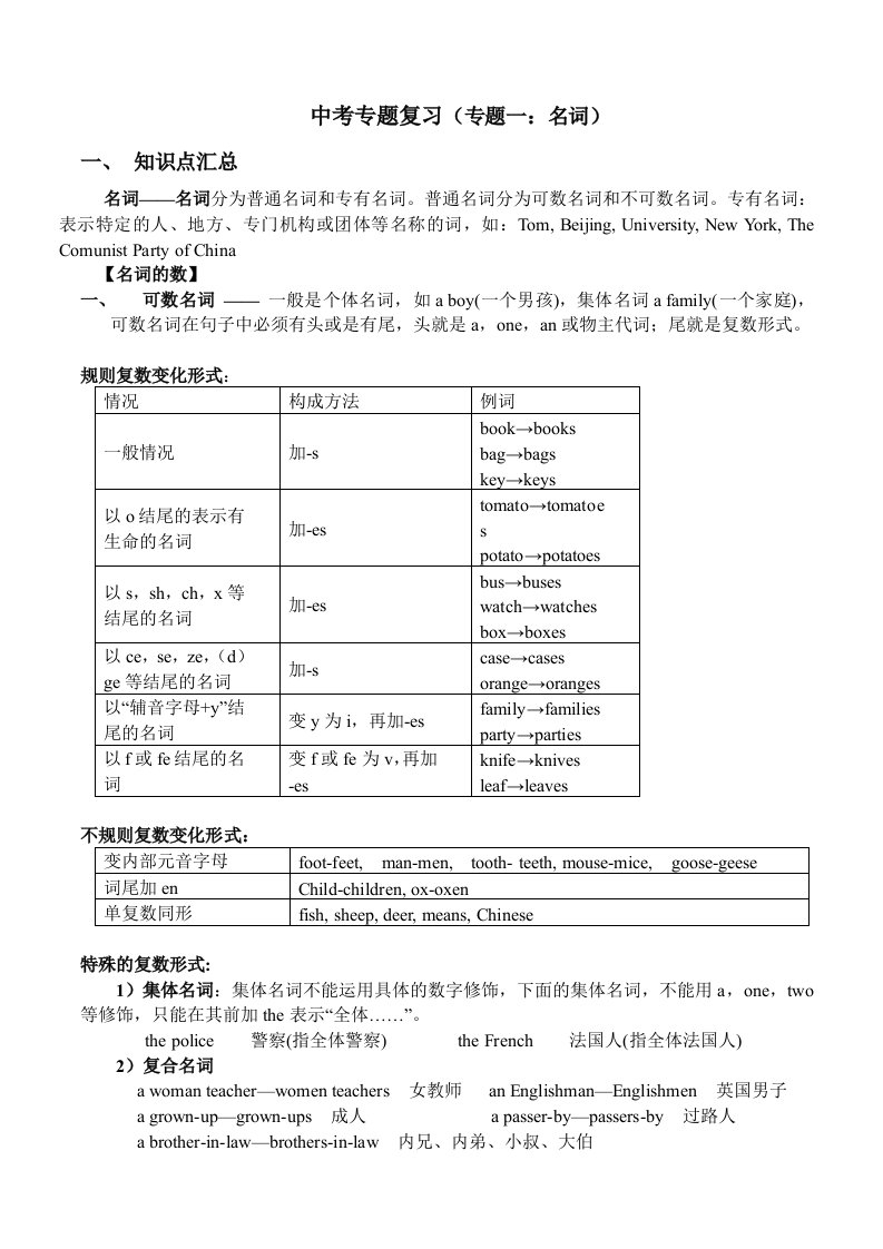 初中英语专题讲解之名词