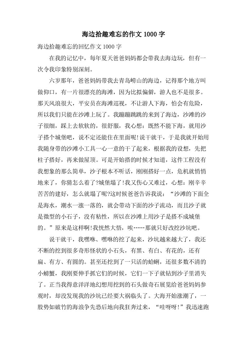 海边拾趣难忘的作文1000字