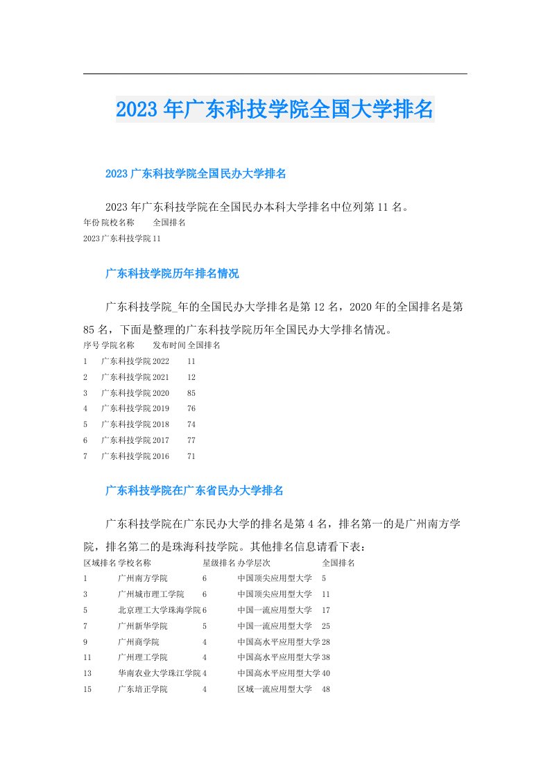 广东科技学院全国大学排名