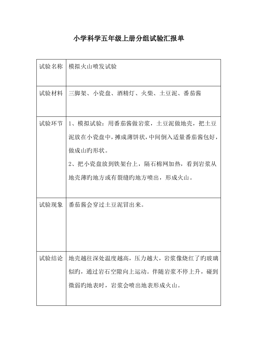 2023年小学科学五年级上册分组实验报告单