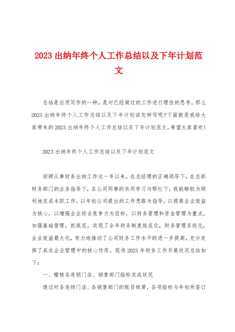 2023出纳年终个人工作总结以及下年计划范文