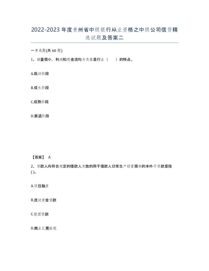 2022-2023年度贵州省中级银行从业资格之中级公司信贷试题及答案二