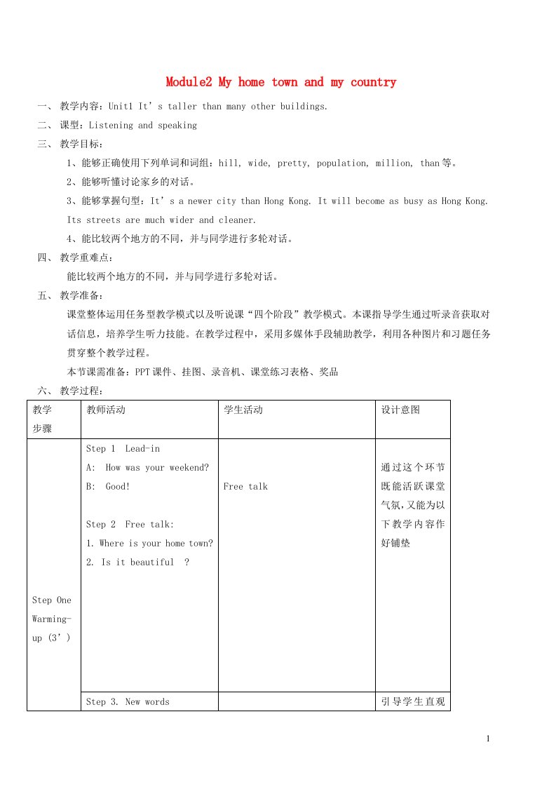 2021秋八年级英语上册Module2MyhometownandmycountryUnit1It'stallerthanmanyotherbuildings教学设计新版外研版