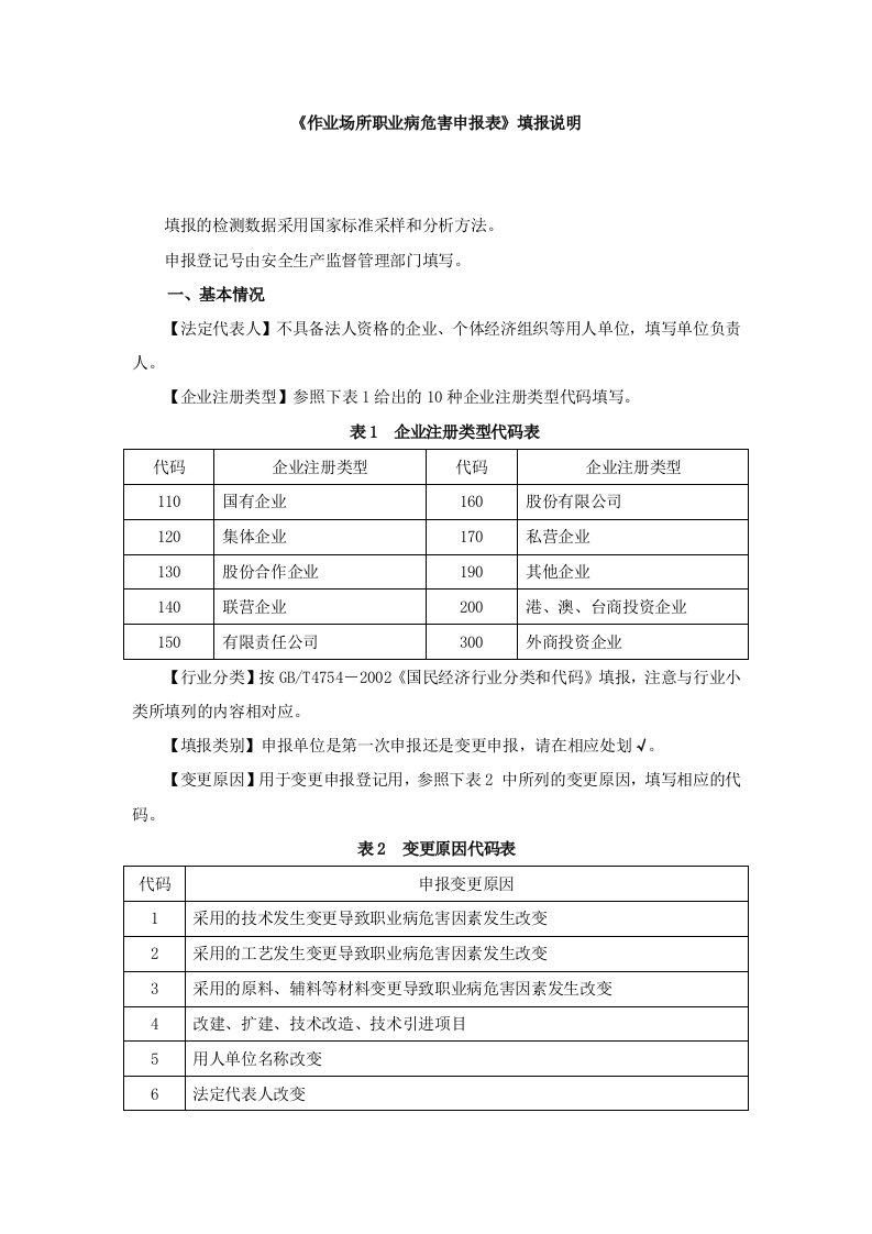 《作业场所职业病危害申报表》填报说明