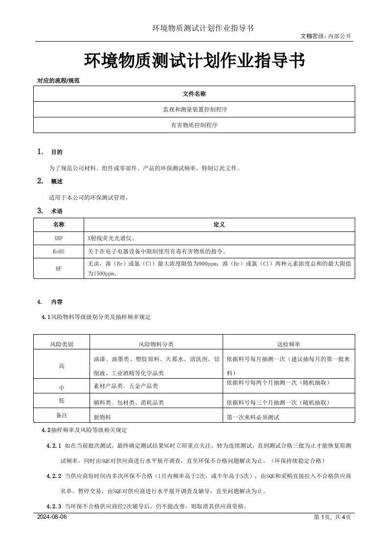 环境物质测试计划作业指导书[模板]