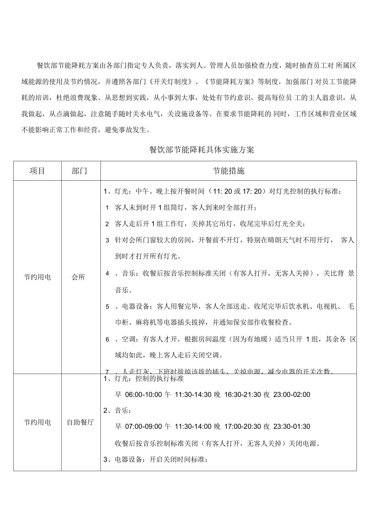 餐饮部节能降耗具体实施方案范本