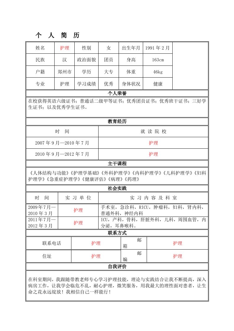 中心医院护士应聘简历