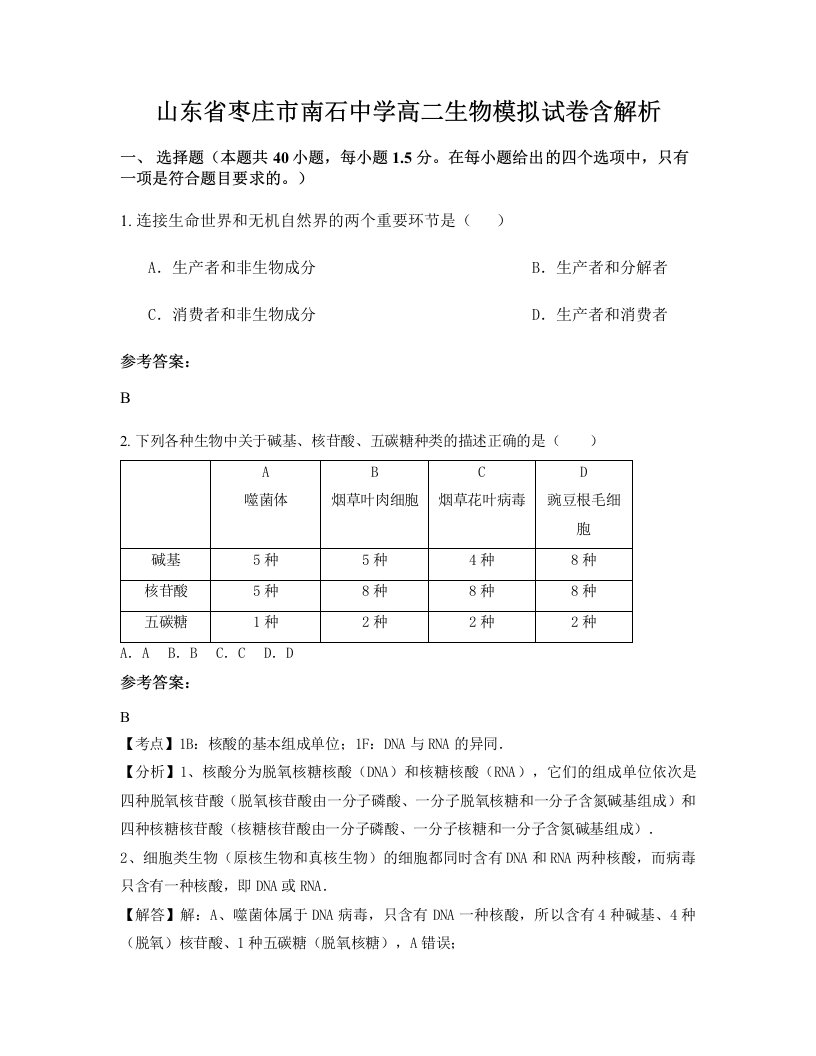 山东省枣庄市南石中学高二生物模拟试卷含解析